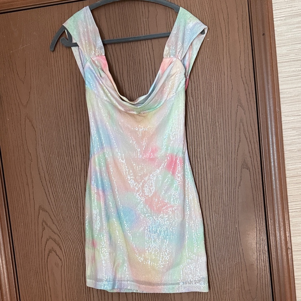 Amanda Uprichard Shimmer sequined Pastel Cowl Neck Dress